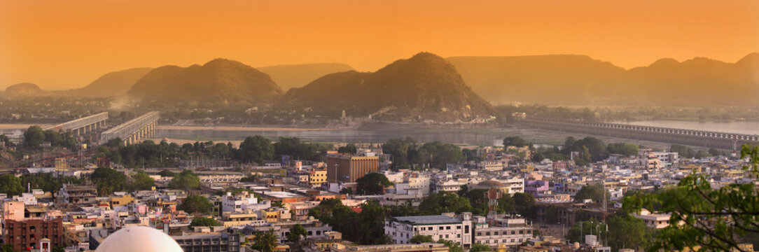 Aerial view of Vijayawada city with residential and commercial buildings